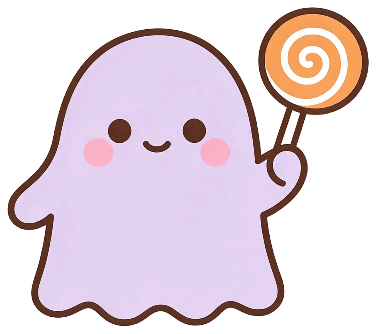 Cute kawaii lilac ghost holds an orange spiral lollipop with a happy smiling face