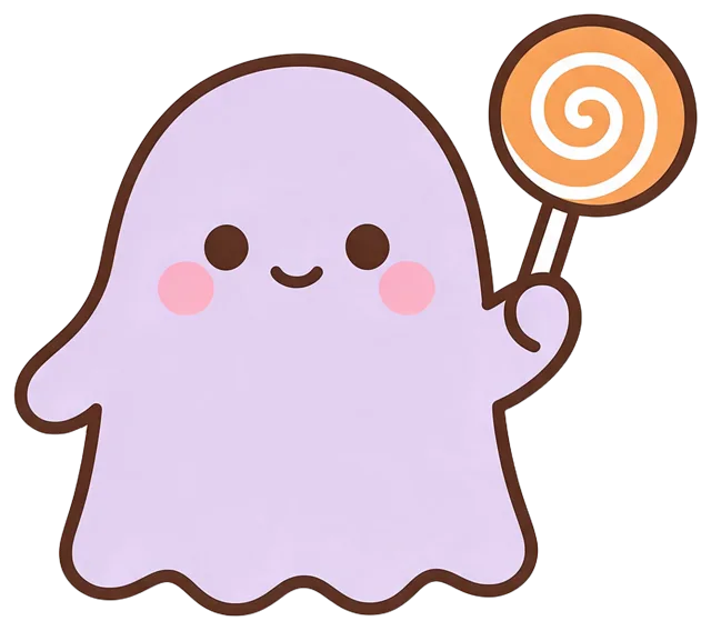 Cute kawaii lilac ghost holds an orange spiral lollipop with a happy smiling face