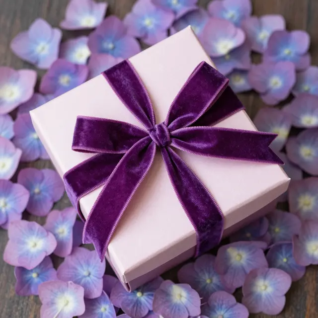 Top view of a lilac gift box tied with a purple velvet bow resting on scattered hydrangea petals over dark wood