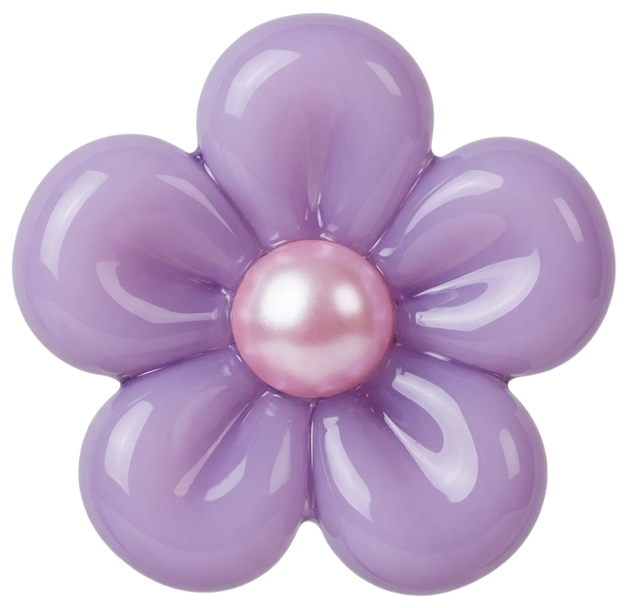 Glossy puffy lilac glass flower charm with a pearly pink central bead