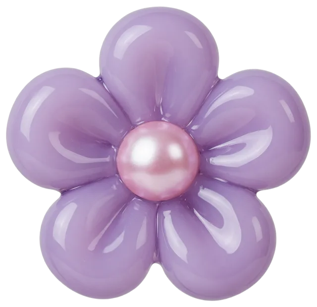 Glossy puffy lilac glass flower charm with a pearly pink central bead