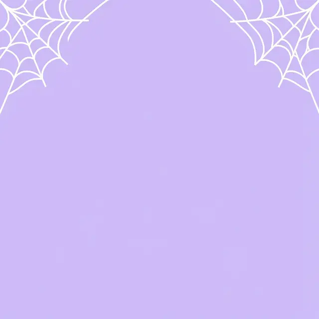 White spider webs sit in the top corners of an empty pastel lilac background