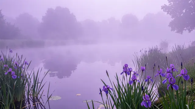 Purple irises line the edge of a still pond shrouded in soft lilac mist under hazy trees