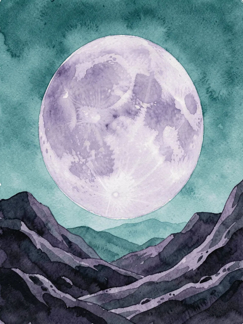 Watercolor of a large pale lilac moon rising above dark hills under a soft teal sky