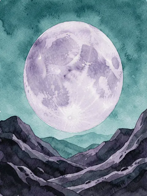 Watercolor of a large pale lilac moon rising above dark hills under a soft teal sky