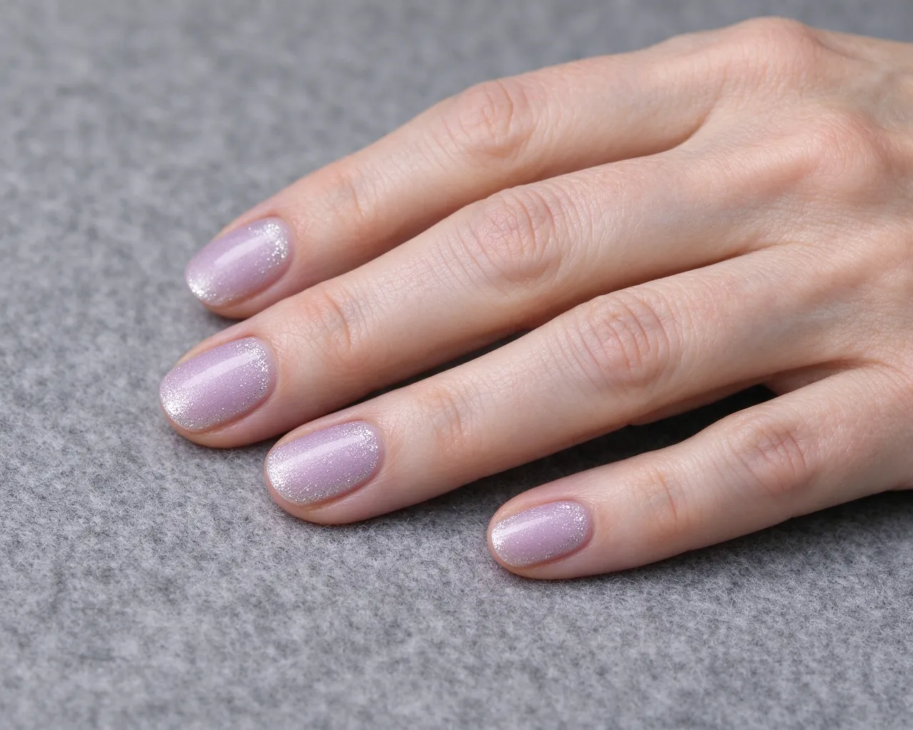 Close-up of a mature woman's hand with frosted lilac silver shimmer nails resting on grey felt