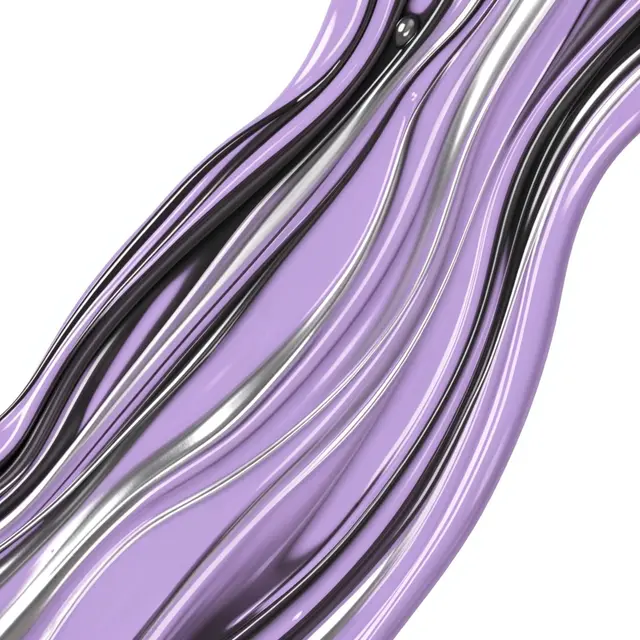 Glossy long silky fluid streaks in lilac, charcoal black, and silver curve across a plain white background