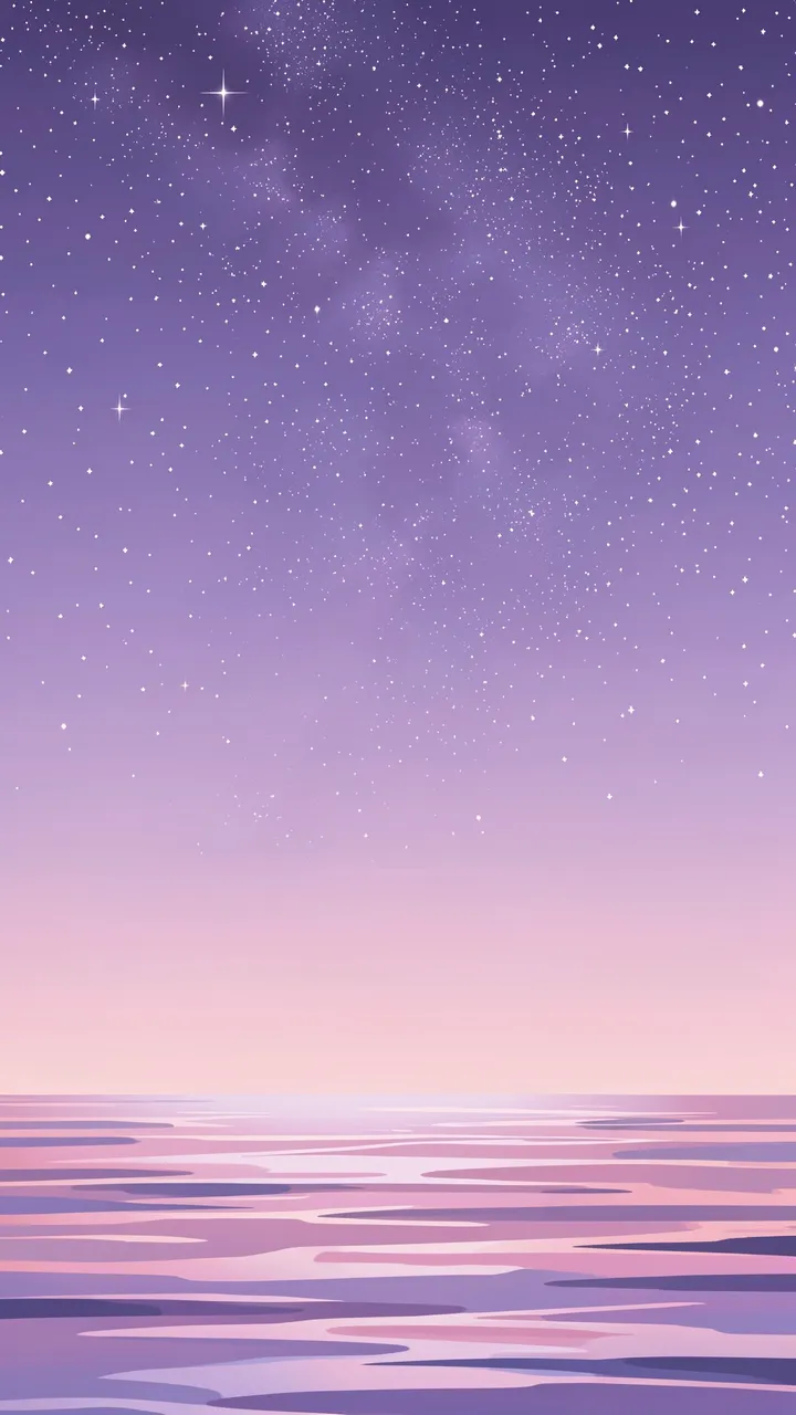 A vertical full-bleed illustration of a starry lilac twilight sky above a pastel calm sea