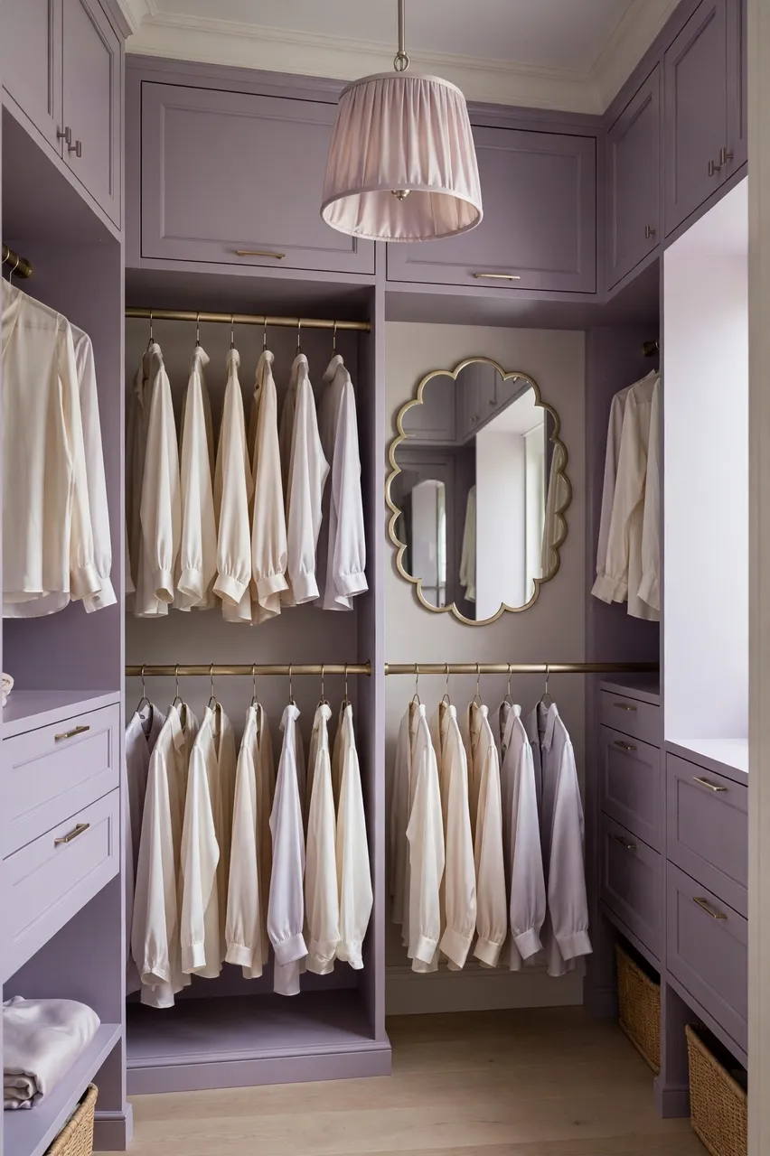 Neat walk-in closet with lilac cabinetry, silk blouses, scalloped mirror and fabric pendant light