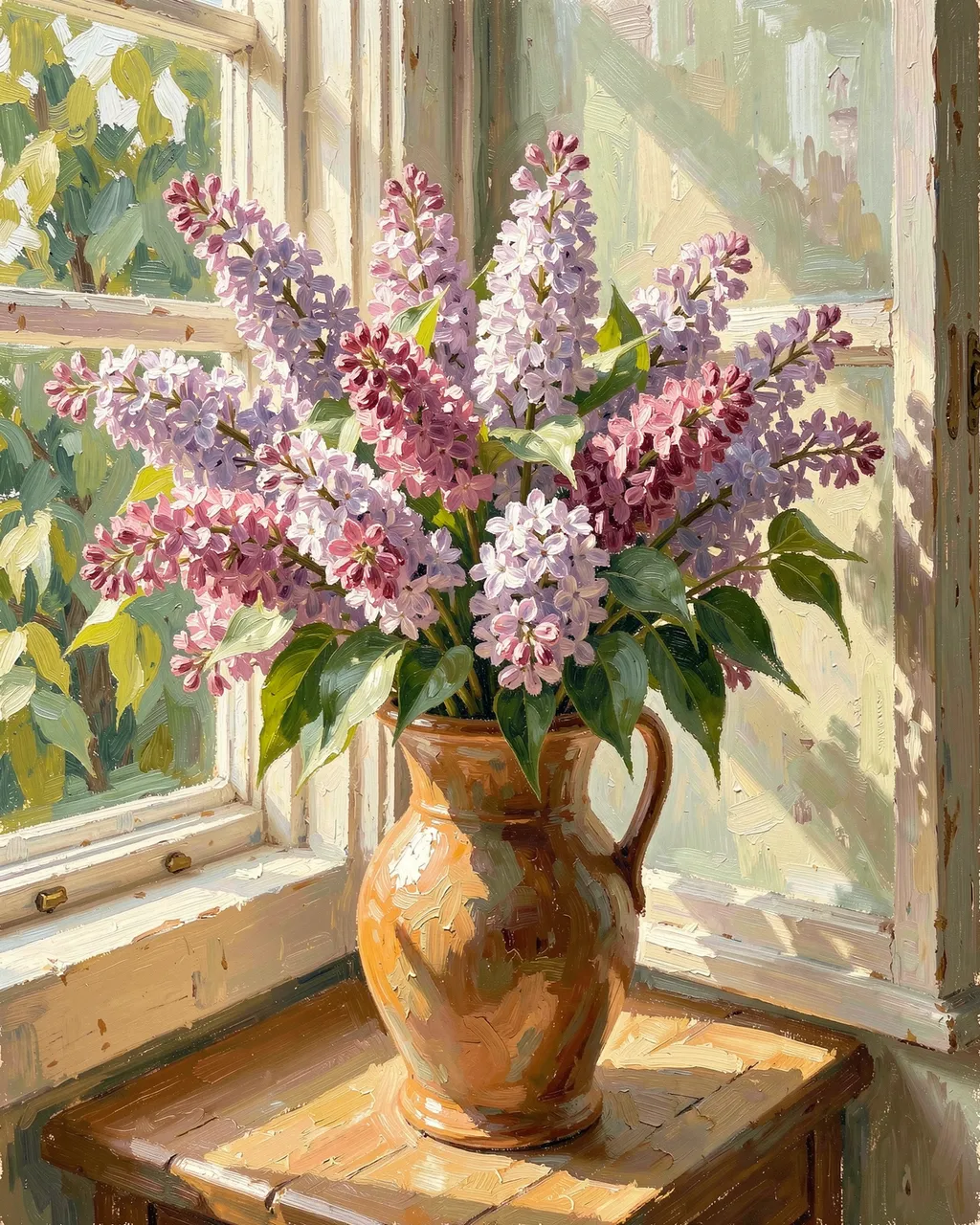 Impressionist oil painting of a lilac bouquet in a ceramic jug resting on a sunlit windowsill table
