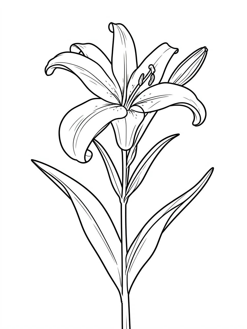 Bold black line art of a blooming lily with a closed bud on a tall stem against a plain white background