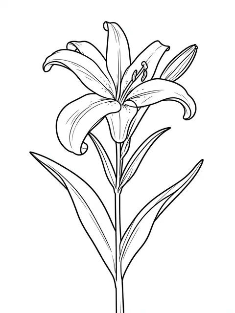 Bold black line art of a blooming lily with a closed bud on a tall stem against a plain white background