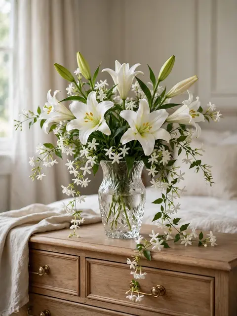 A crystal vase holding white lilies and trailing jasmine sits on a wooden bedroom dresser next to a bed