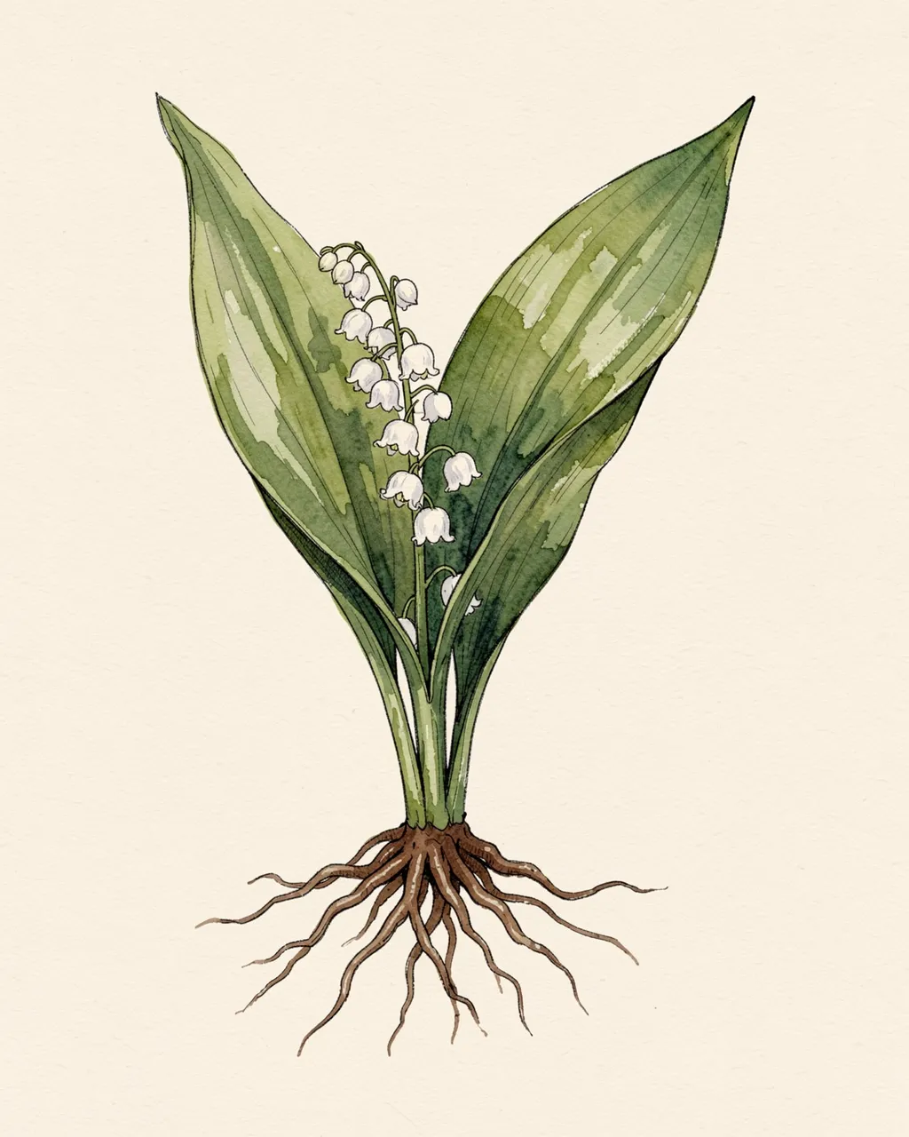 Ink and watercolor study of a lily of the valley plant with exposed roots on cream paper