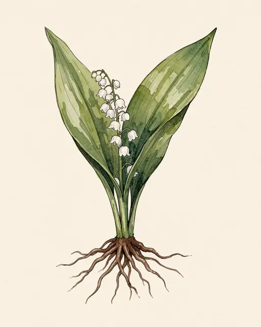 Ink and watercolor study of a lily of the valley plant with exposed roots on cream paper