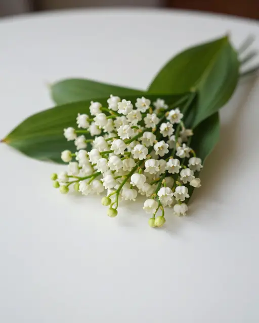 A small bunch of lily of the valley rests flat on a smooth white table surface