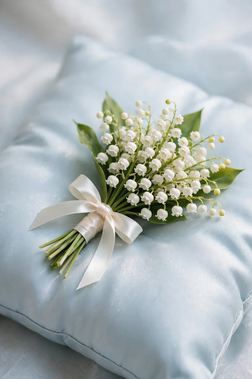 Lily of the valley bridal posy tied with cream satin ribbon rests on a pale blue silk cushion