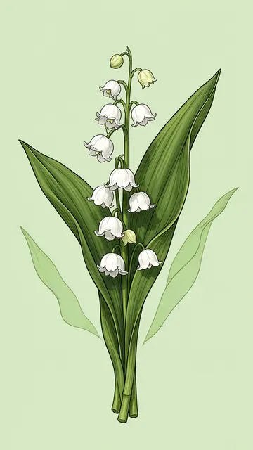A detailed illustrated lily of the valley sprig with white bell flowers on a pale solid green background