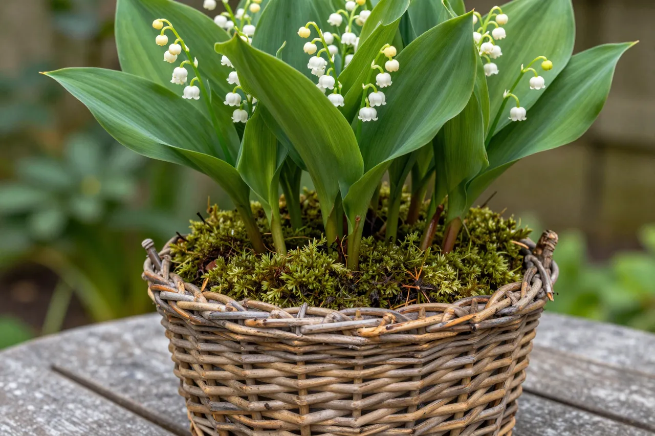 Lily of the valley plants with moss grow in a wicker basket resting on a weathered garden table