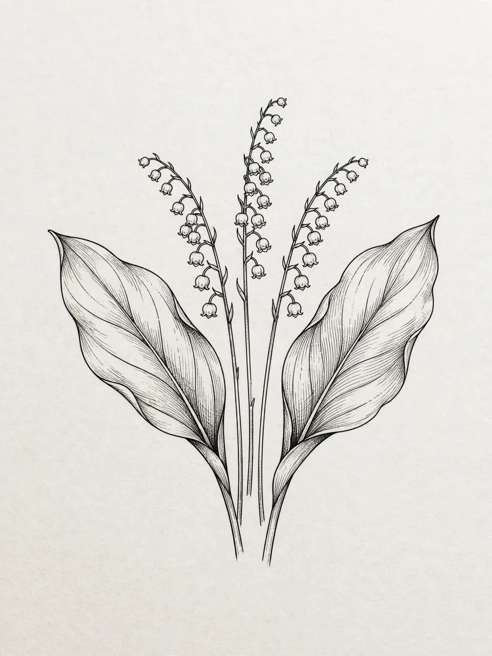 Delicate black ink line art of lily of the valley with three flower stems between two broad leaves on light paper