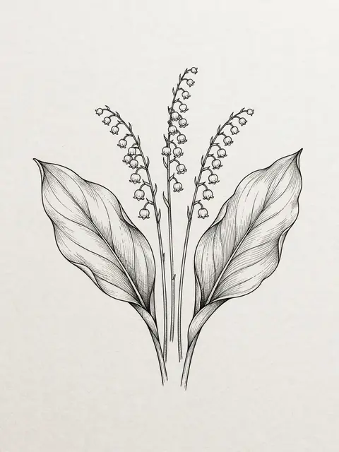 Delicate black ink line art of lily of the valley with three flower stems between two broad leaves on light paper