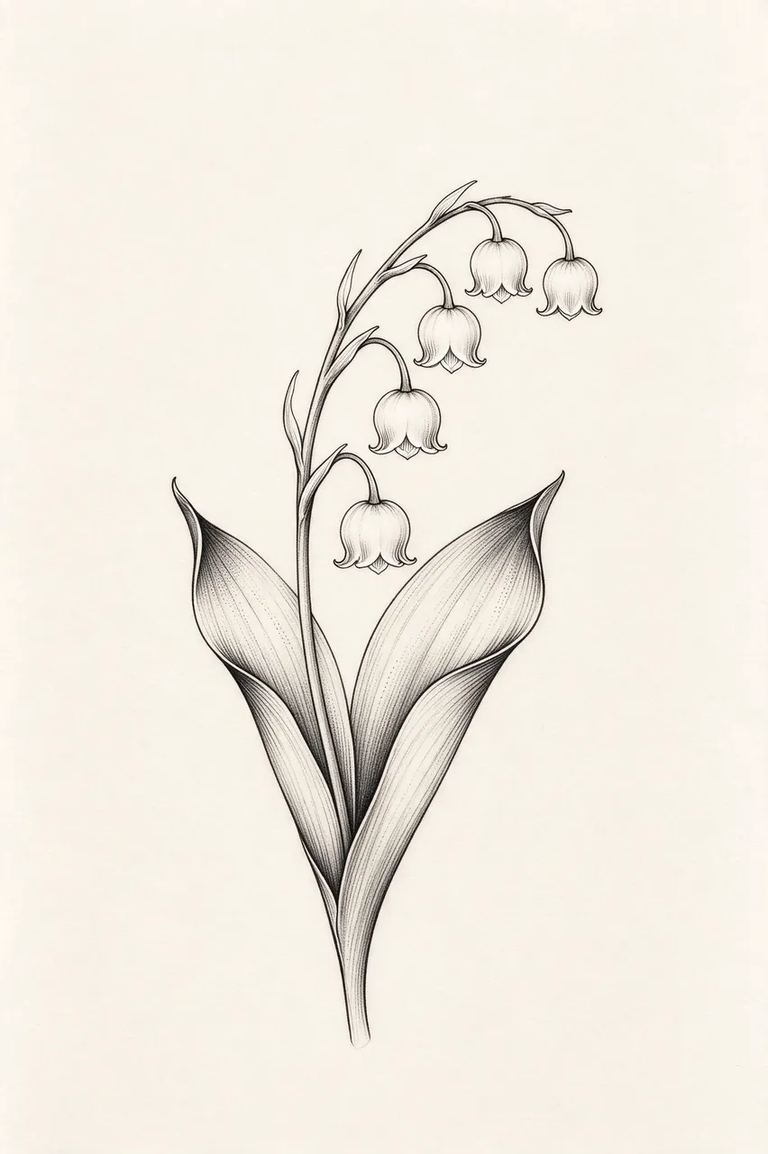 Fine black ink sketch of arching lily of the valley bells on cream paper
