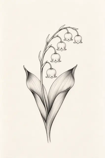 Fine black ink sketch of arching lily of the valley bells on cream paper
