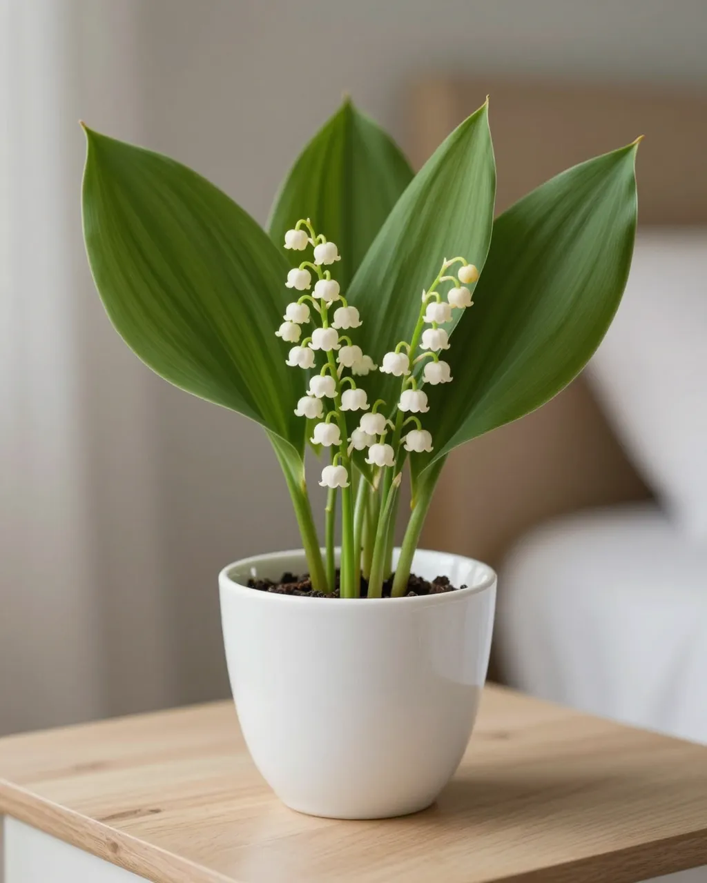 Lily of the valley plant in a small white ceramic pot sits on a light wooden bedside table with soft morning light.