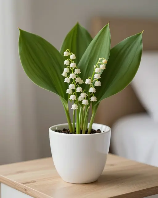 Lily of the valley plant in a small white ceramic pot sits on a light wooden bedside table with soft morning light.