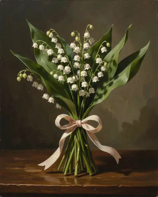 Oil painting of a lily of the valley posy tied with a pale pink ribbon resting on a dark wooden table