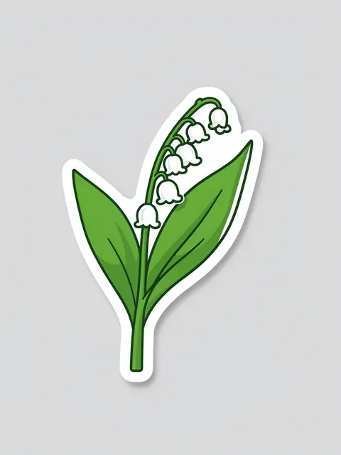 Die-cut lily of the valley sticker with a thick white border on a light gray background