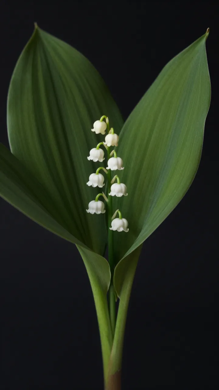 Delicate lily of the valley blooms and broad green leaves are displayed against a solid black studio background