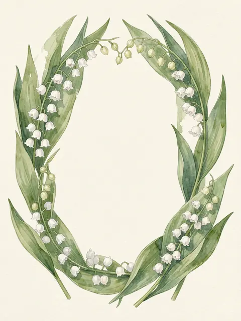 Oval watercolor frame of lily of the valley leaves and white bell flowers on cream paper