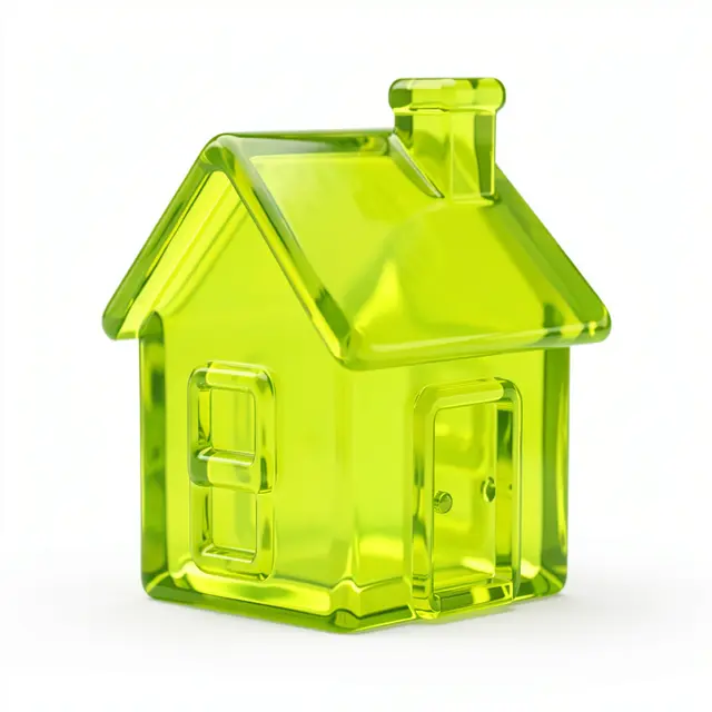 A glossy translucent lime green 3D house model with a pitched roof sits on a plain white background