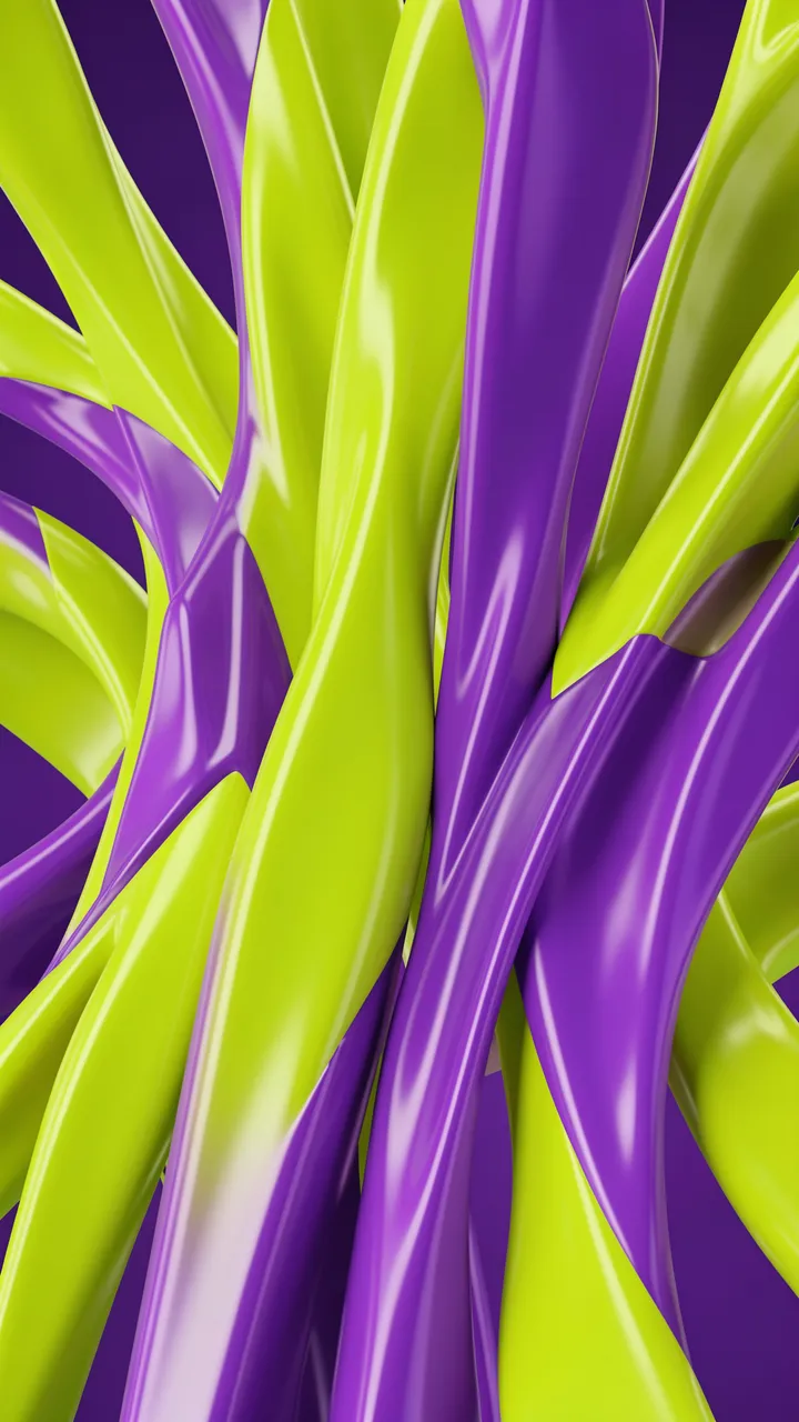 Vertical close-up of intertwined glossy lime green and deep purple stretched abstract 3D forms
