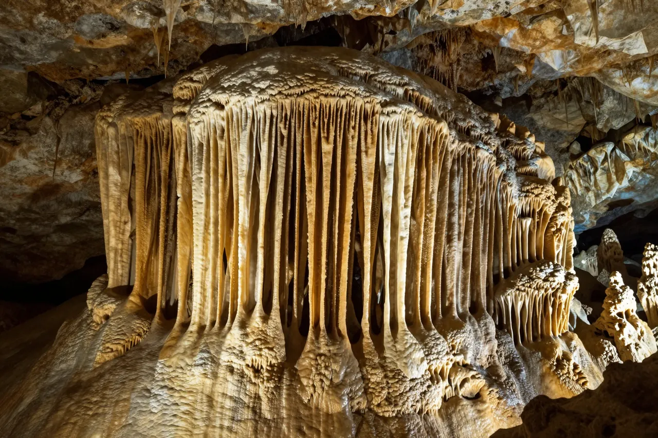 Warm lit intricate calcite stalactite and flowstone formations inside a limestone cave