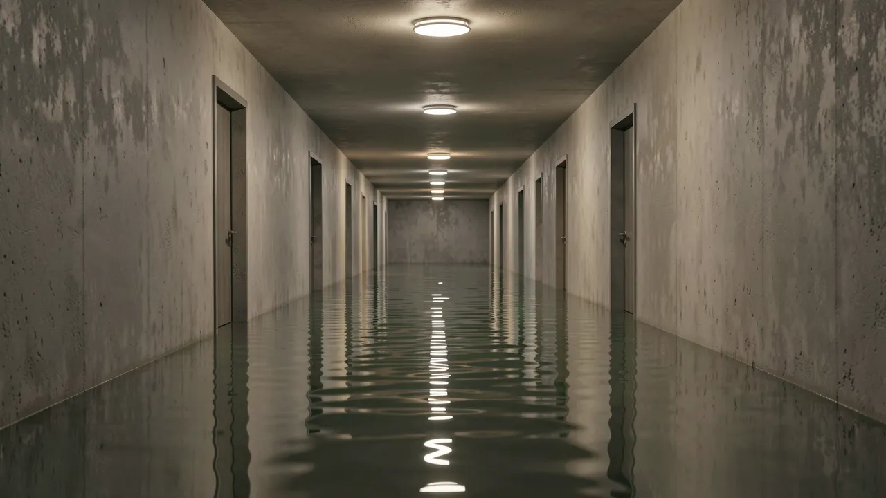 Still rippled flood water fills a long concrete hallway lined with doors and glowing ceiling lights.