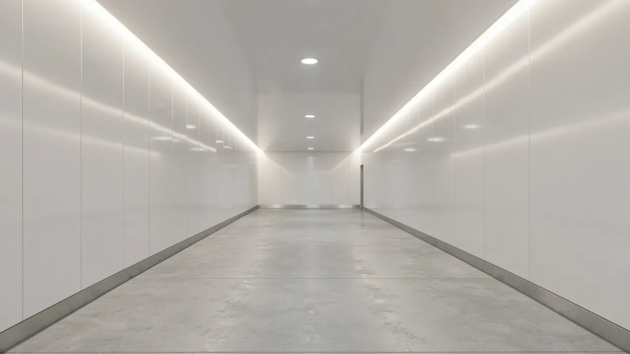 Empty bright minimalist tunnel with glossy white walls, recessed linear lighting, and a smooth concrete floor