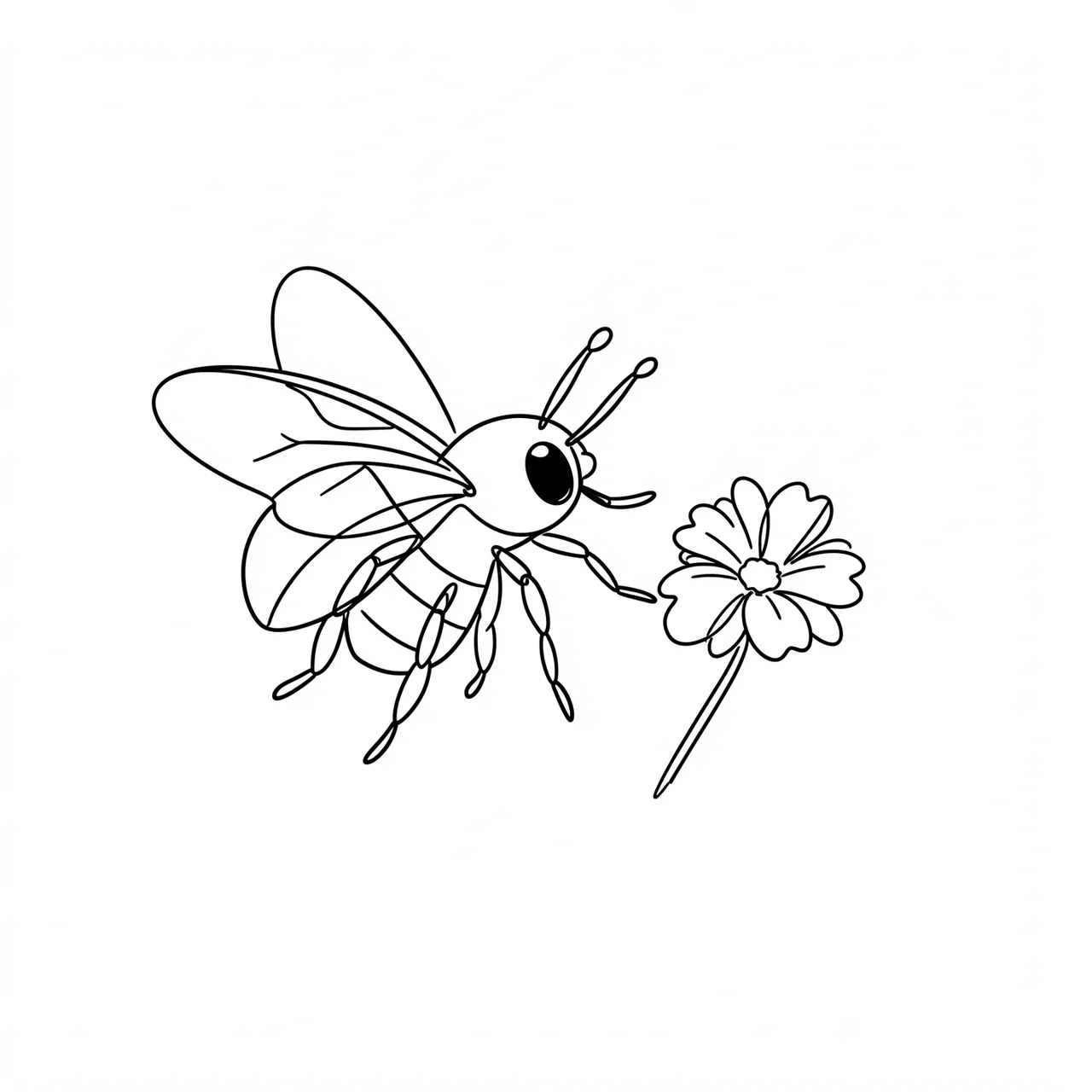 Minimal black line drawing of a bee next to a small flower on a plain white background