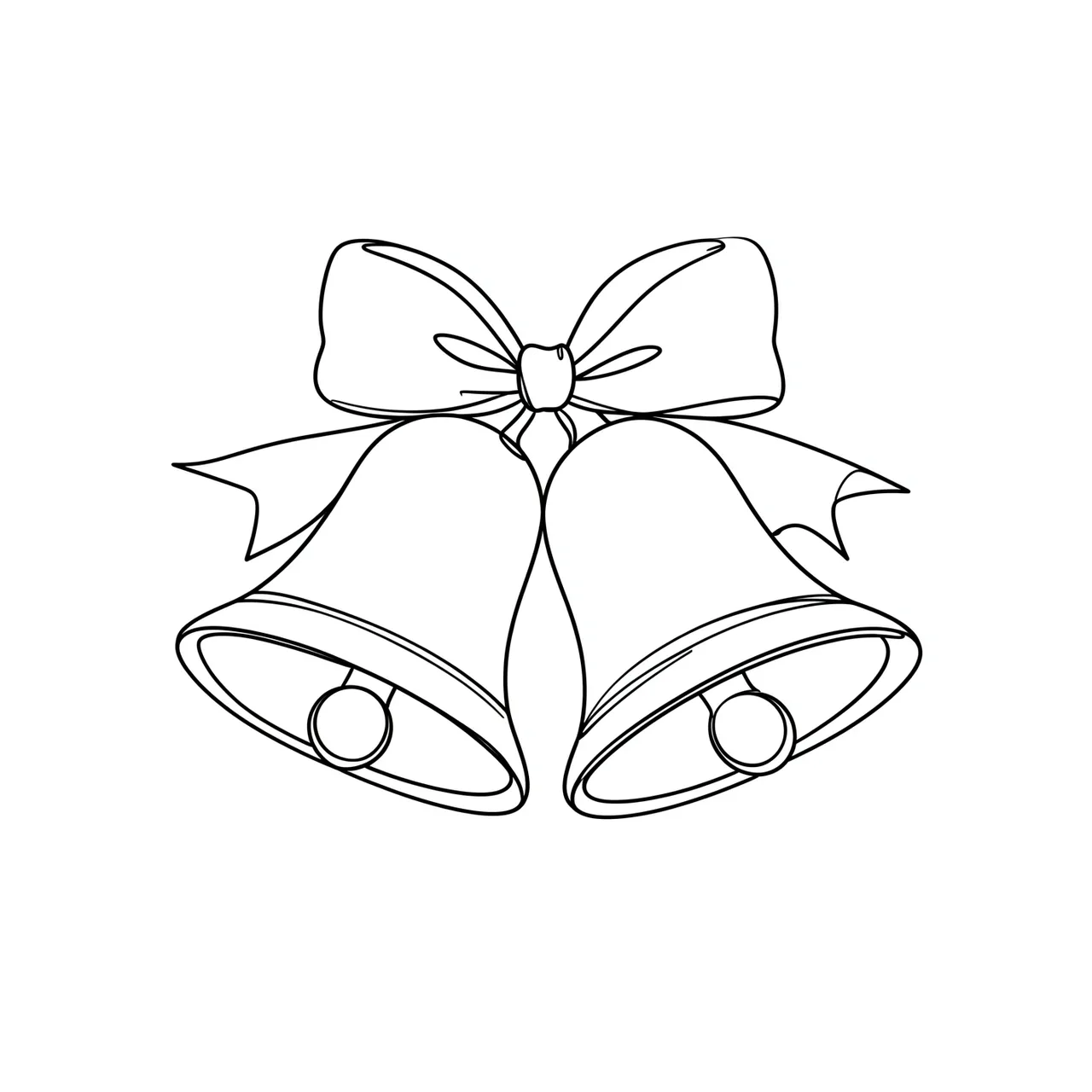 Minimal continuous line drawing of two Christmas bells tied with a bow on a plain white background