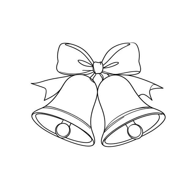 Minimal continuous line drawing of two Christmas bells tied with a bow on a plain white background