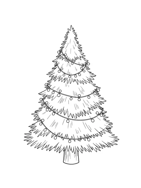 Delicate fine line art drawing of a decorated small Christmas tree on a plain white background