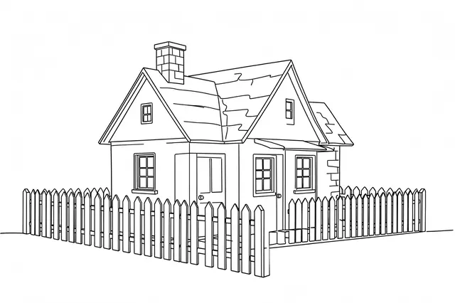 Continuous black line drawing of a cottage with chimney framed by a picket fence on a plain white background