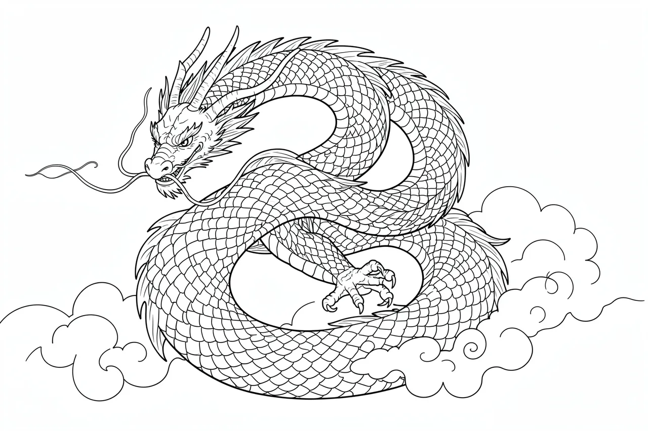 Fine single-weight line art of a coiling eastern dragon surrounded by stylized clouds on a plain white background