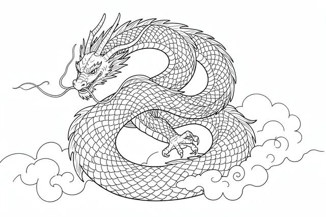 Fine single-weight line art of a coiling eastern dragon surrounded by stylized clouds on a plain white background