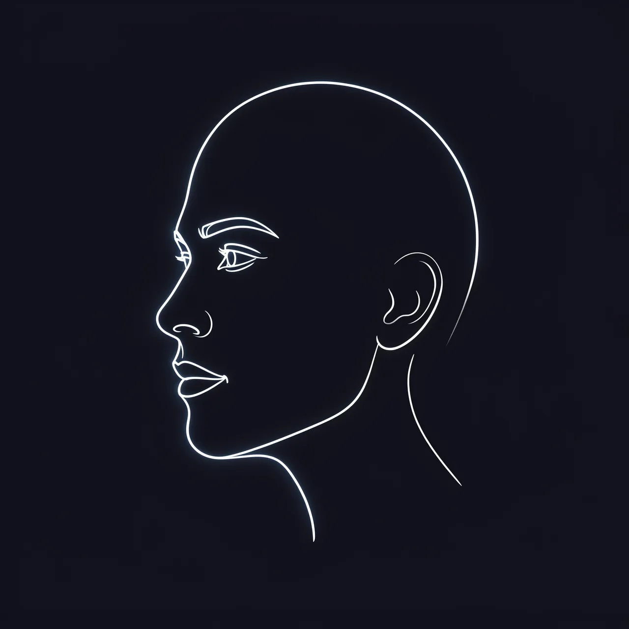 Glowing continuous white line drawing of an adult face in profile on a dark background