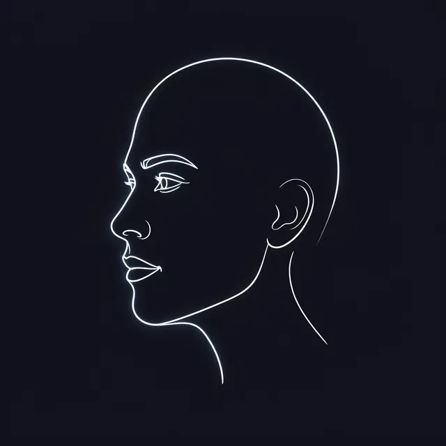 Glowing continuous white line drawing of an adult face in profile on a dark background