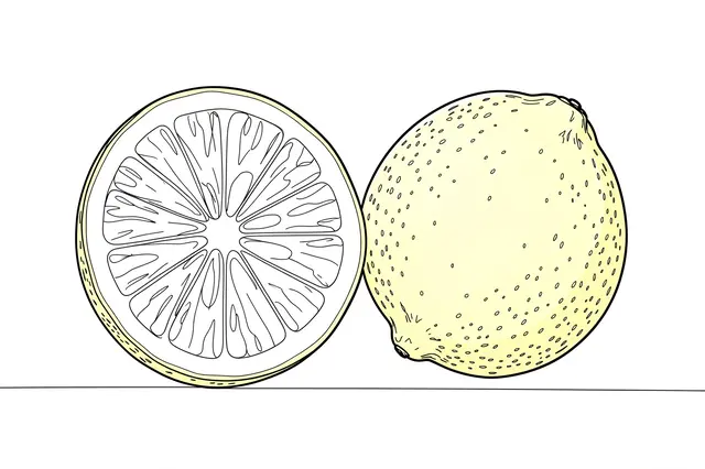 Continuous line drawing of a halved lemon next to a whole lemon on a plain white background