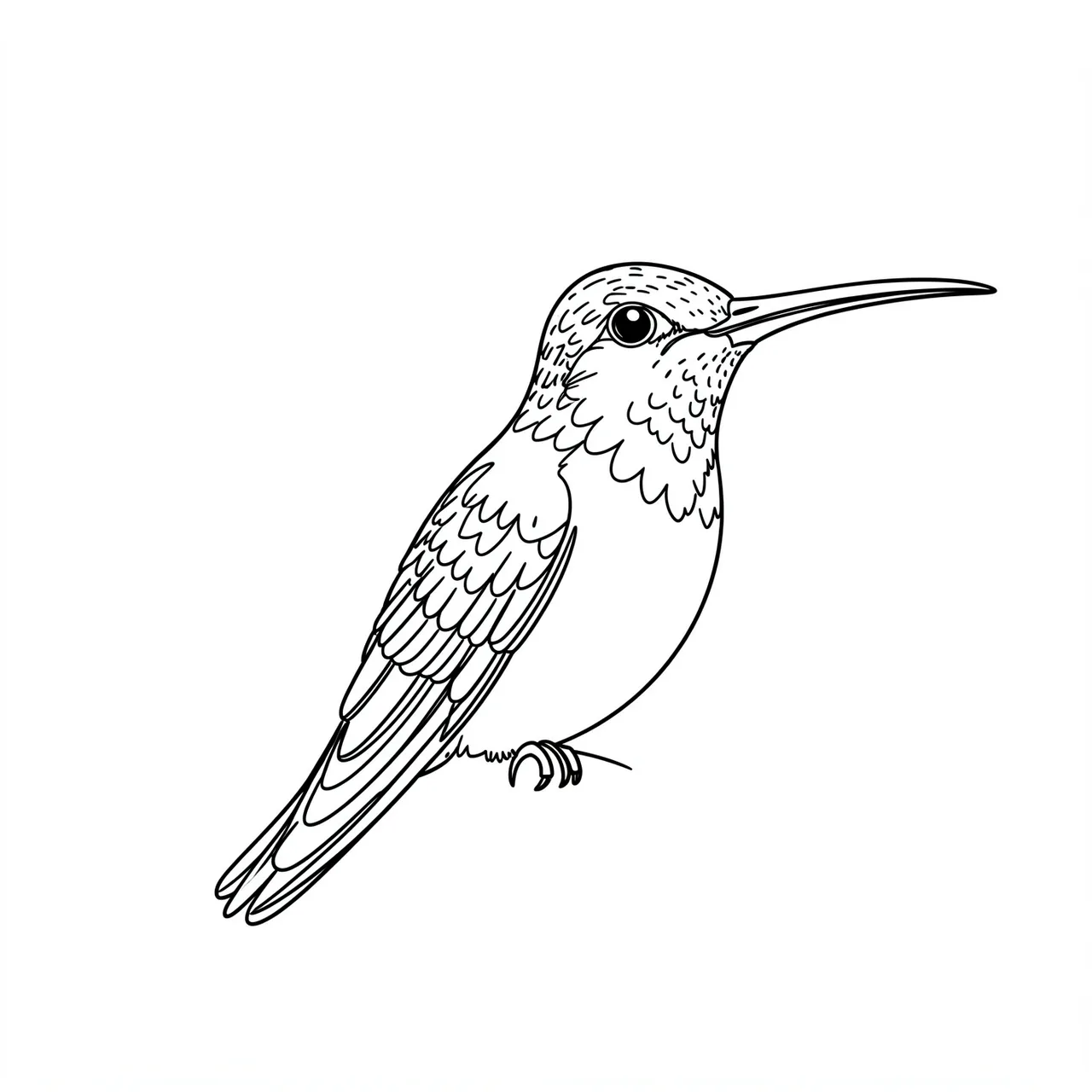 Black line drawing of a perched hummingbird with a long beak against a plain white background