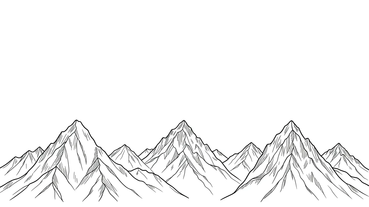 Black line drawing of mountain peaks along the bottom with empty white copy space above